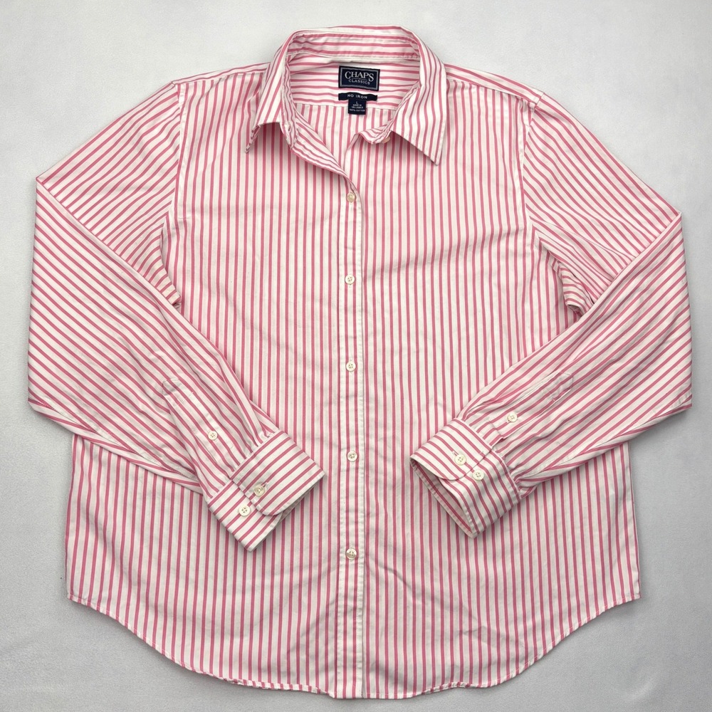 Chaps Classics Womens Large Shirt Pink White Stripe No Iron Cotton Button Down